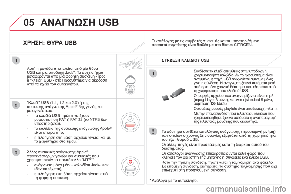 CITROEN DS3 2013  ΟΔΗΓΌΣ ΧΡΉΣΗΣ (in Greek) 05
1
1
2
3
 ΑΝΑΓΝΩΣΗ USB 
  Το σύστημα συνθέτει καταλόγους ανάγνωσης (προσωρινή μνήμη) των οποίων ο χρόνος δημιουργί