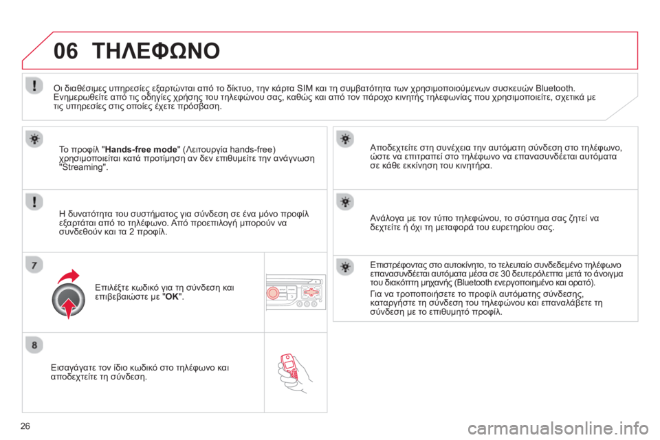 CITROEN DS3 2013  ΟΔΗΓΌΣ ΧΡΉΣΗΣ (in Greek) 26
06
   
Εισαγάγατε τον ίδιο κωδικό στο τηλέφωνο και
αποδεχτείτε τη σύνδεση.     
Αποδεχτείτε στη συνέχεια την αυτ