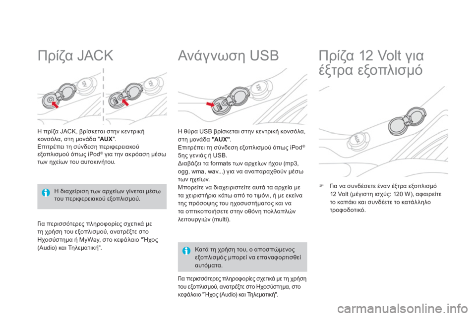 CITROEN DS3 2011  ΟΔΗΓΌΣ ΧΡΉΣΗΣ (in Greek)    
 
 
 
 
 
Πρίζα JACK 
Ηπρίζα JACK, βρίσκεται στην κεντρική
κονσόλα, στη μονάδα " AUX". 
Επιτρέπει τη σύνδεση περιφερεια