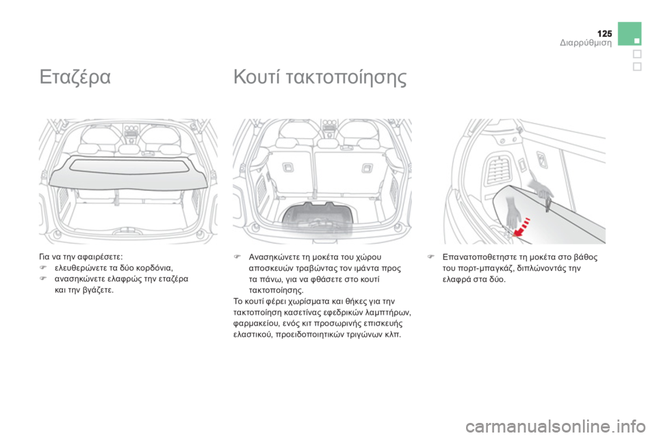 CITROEN DS3 2011  ΟΔΗΓΌΣ ΧΡΉΣΗΣ (in Greek) Διαρρύθμιση
   
Γι α να την αφαιρέσετε:
   
 
�)ελευθερώνετε τα δύο κορδόνια,�) ανασηκώνετε ελαφρώς την εταζέρα 
κα