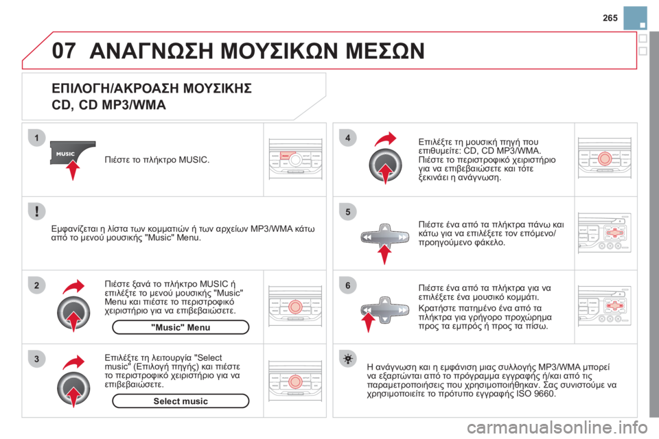 CITROEN DS3 2011 ΟΔΗΓΌΣ ΧΡΉΣΗΣ (in Greek) 07
3 2 1
6
4
5
265
ΕΠΙΛΟΓΗ/ΑΚΡΟΑΣΗ ΜΟΥΣΙΚΗΣ
CD, CD MP3/WMA
Η ανάγνωση και η εμφάνιση μιας συλλογής MP3/WMA μπορε CITROEN DS3 2011 ΟΔΗΓΌΣ ΧΡΉΣΗΣ (in Greek) 07
3 2 1
6
4
5
265
ΕΠΙΛΟΓΗ/ΑΚΡΟΑΣΗ ΜΟΥΣΙΚΗΣ
CD, CD MP3/WMA
Η ανάγνωση και η εμφάνιση μιας συλλογής MP3/WMA μπορε