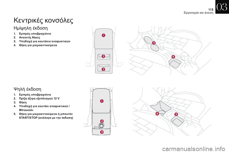 CITROEN DS4 2017 ΟΔΗΓΌΣ ΧΡΉΣΗΣ (in Greek) 11 5
DS4_el_Chap03_ergonomie-et-confort_ed01-2016
ημίψηλη έκδοση
1. Εμπρός υποβραχιόνιο
2. Ανοικτές θήκες
3.
Υ
ποδοχή για κουτάκια αν CITROEN DS4 2017 ΟΔΗΓΌΣ ΧΡΉΣΗΣ (in Greek) 11 5
DS4_el_Chap03_ergonomie-et-confort_ed01-2016
ημίψηλη έκδοση
1. Εμπρός υποβραχιόνιο
2. Ανοικτές θήκες
3.
Υ
ποδοχή για κουτάκια αν
