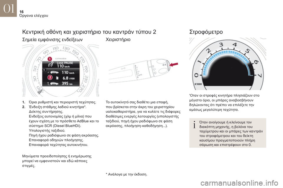 CITROEN DS4 2017 ΟΔΗΓΌΣ ΧΡΉΣΗΣ (in Greek) 16
DS4_el_Chap01_instruments-de-bord_ed01-2016
Κεντρική οθόνη και χειριστήριο του καντράν τύπου 2
1. Όρια ρυθμιστή και περιοριστή τ CITROEN DS4 2017 ΟΔΗΓΌΣ ΧΡΉΣΗΣ (in Greek) 16
DS4_el_Chap01_instruments-de-bord_ed01-2016
Κεντρική οθόνη και χειριστήριο του καντράν τύπου 2
1. Όρια ρυθμιστή και περιοριστή τ