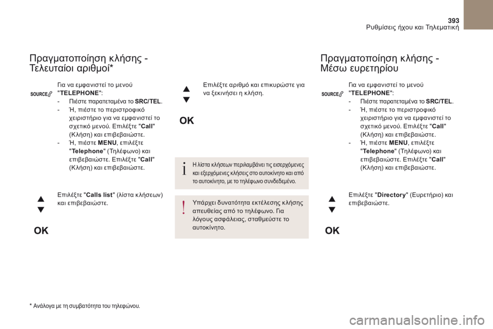 CITROEN DS4 2017  ΟΔΗΓΌΣ ΧΡΉΣΗΣ (in Greek) 393
DS4_el_Chap10c_RD5_ed01-2016
για να εμφανιστεί το μενού 
"TELEPHONE ":
-
 
Πιέστε παρατεταμένα το SRC/TEL .- Ή, πιέστε το περιστρ
