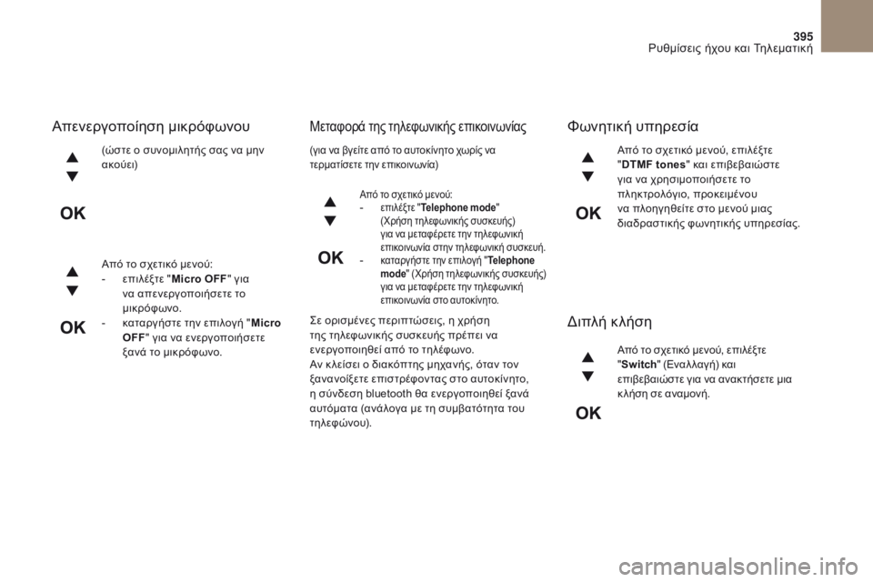 CITROEN DS4 2017  ΟΔΗΓΌΣ ΧΡΉΣΗΣ (in Greek) 395
DS4_el_Chap10c_RD5_ed01-2016
(ώστε ο συνομιλητής σας να μην 
α κο ύε ι)
Από το σχετικό μενού:
- 
ε
 πιλέξτε " Micro OFF " για 
ν