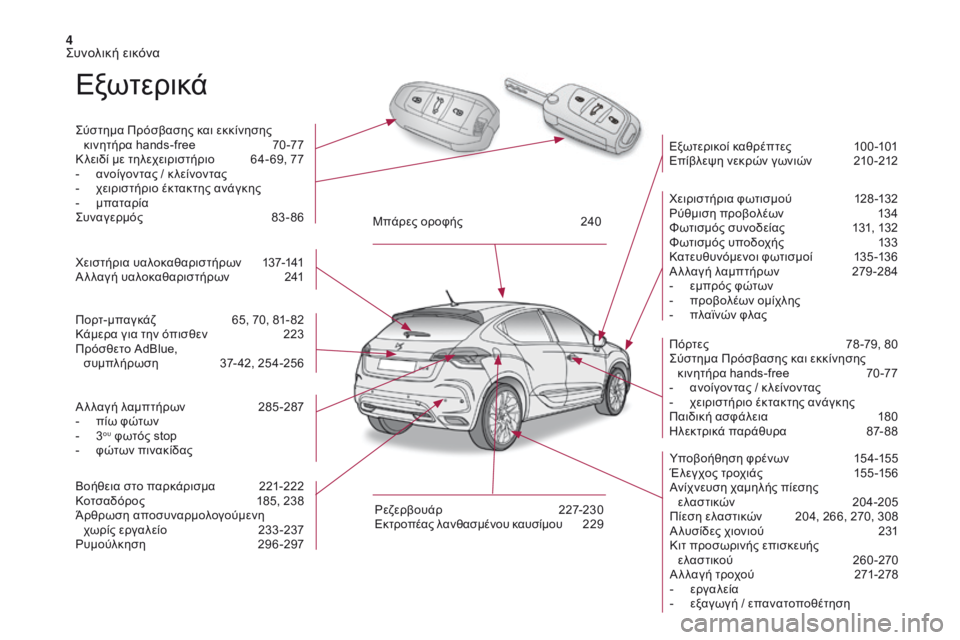 CITROEN DS4 2017  ΟΔΗΓΌΣ ΧΡΉΣΗΣ (in Greek) 4
DS4_el_Chap00b_vue-ensemble_ed01-2016
Εξωτερικά
ςύστημα Πρόσβασης και εκκίνησης κινητήρα hands-free  7 0 -77
Κ λειδί με τηλεχειριστή�