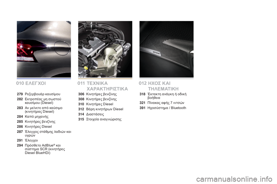 CITROEN DS4 2016  ΟΔΗΓΌΣ ΧΡΉΣΗΣ (in Greek) DS4_el_Chap00a_sommaire_ed03-2015
Ε ΛΕΓ ΧΟΙΤΕΧΝΙΚΑ 
ΧΑΡΑΚΤΗΡΙΣΤΙΚΑΗΧΟΣ ΚΑΙ 
Τ Η Λ Ε Μ ΑΤ Ι Κ Η
279 ρεζερβουάρ καυσίμου
282
 Ε

κτρο�