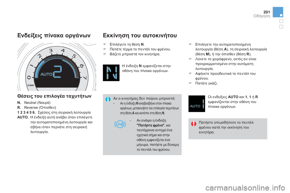 CITROEN DS4 2015 ΟΔΗΓΌΣ ΧΡΉΣΗΣ (in Greek) 201
DS4_el_Chap08_conduite_ed02-2015
Θέσεις του επιλογέα ταχυτήτων
N. Neutral (Νεκρά)
R.
R everse (Όπισθεν)
1 2 3 4 5 6.
ς
χ
έσεις στη σειρ CITROEN DS4 2015 ΟΔΗΓΌΣ ΧΡΉΣΗΣ (in Greek) 201
DS4_el_Chap08_conduite_ed02-2015
Θέσεις του επιλογέα ταχυτήτων
N. Neutral (Νεκρά)
R.
R everse (Όπισθεν)
1 2 3 4 5 6.
ς
χ
έσεις στη σειρ