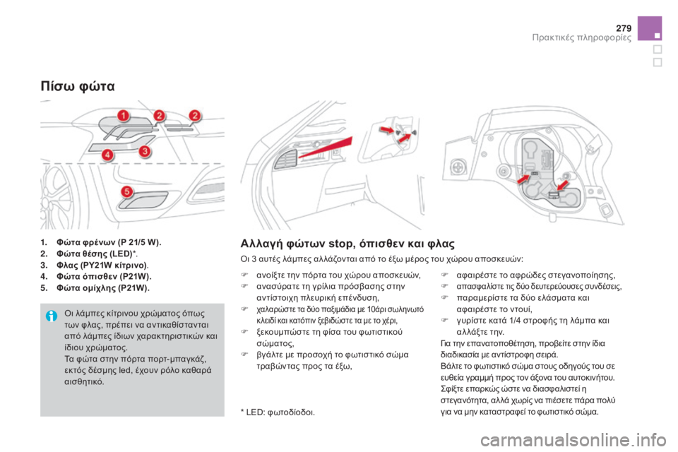 CITROEN DS4 2015 ΟΔΗΓΌΣ ΧΡΉΣΗΣ (in Greek) 279
DS4_el_Chap10_info-pratiques_ed02-2015
1. Φώτα φρένων (P 21/5 W).
2. Φώτα θέσης (LED) *.
3.
Φ
λας (PY21W κίτρινο) .
4.
Φ
ώτα όπισθεν (P21W).
5.
Φ
ώ CITROEN DS4 2015 ΟΔΗΓΌΣ ΧΡΉΣΗΣ (in Greek) 279
DS4_el_Chap10_info-pratiques_ed02-2015
1. Φώτα φρένων (P 21/5 W).
2. Φώτα θέσης (LED) *.
3.
Φ
λας (PY21W κίτρινο) .
4.
Φ
ώτα όπισθεν (P21W).
5.
Φ
ώ