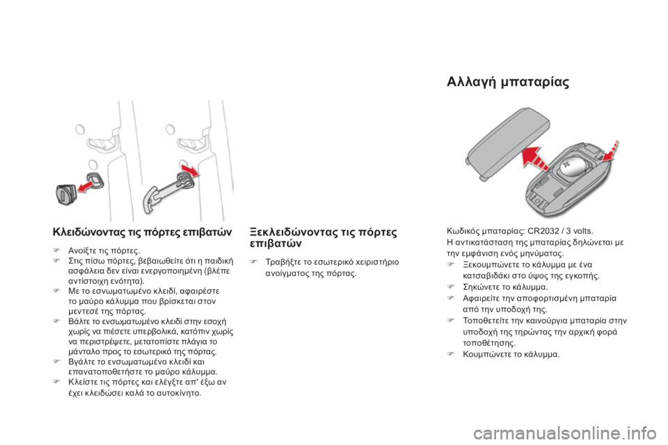 CITROEN DS4 2015 ΟΔΗΓΌΣ ΧΡΉΣΗΣ (in Greek) DS4_el_Chap02_ouvertures_ed02-2015
Κλειδώνοντας τις πόρτες επιβατώνΞεκλειδώνοντας τις πόρτες
επιβατών
Αλλαγή μπαταρίας
F Α CITROEN DS4 2015 ΟΔΗΓΌΣ ΧΡΉΣΗΣ (in Greek) DS4_el_Chap02_ouvertures_ed02-2015
Κλειδώνοντας τις πόρτες επιβατώνΞεκλειδώνοντας τις πόρτες
επιβατών
Αλλαγή μπαταρίας
F Α