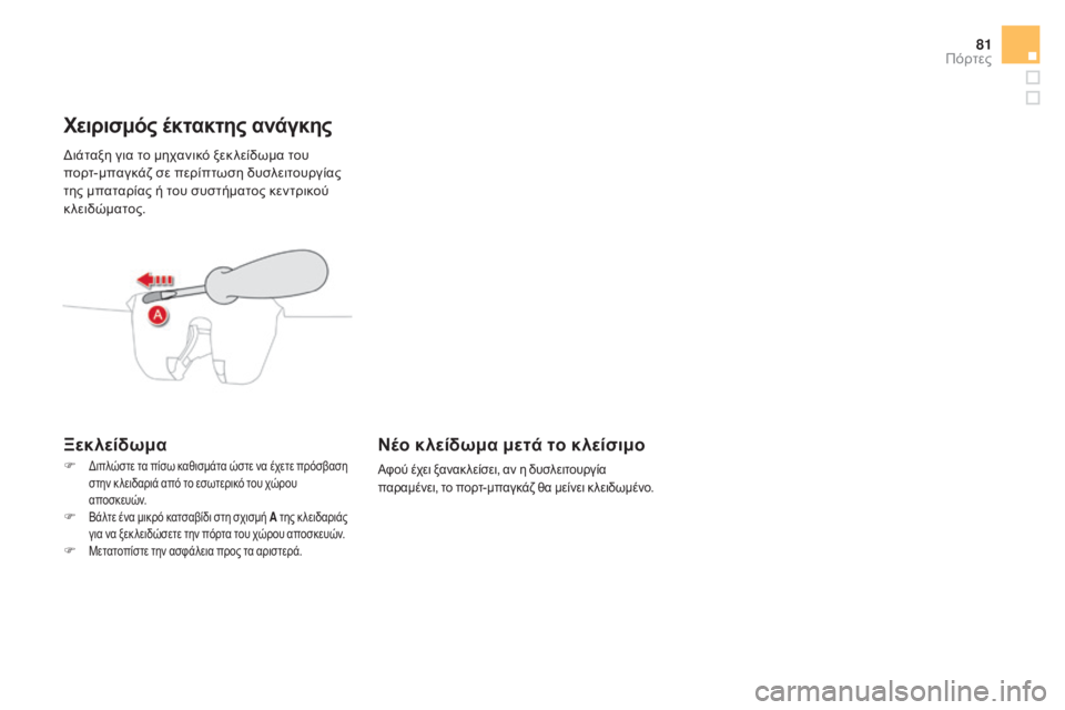CITROEN DS4 2015  ΟΔΗΓΌΣ ΧΡΉΣΗΣ (in Greek) 81
DS4_el_Chap02_ouvertures_ed02-2015
διάταξη για το μηχανικό ξεκ λείδωμα του 
πορτ-μπαγκάζ σε περίπτωση δυσλειτουργίας 
της μ