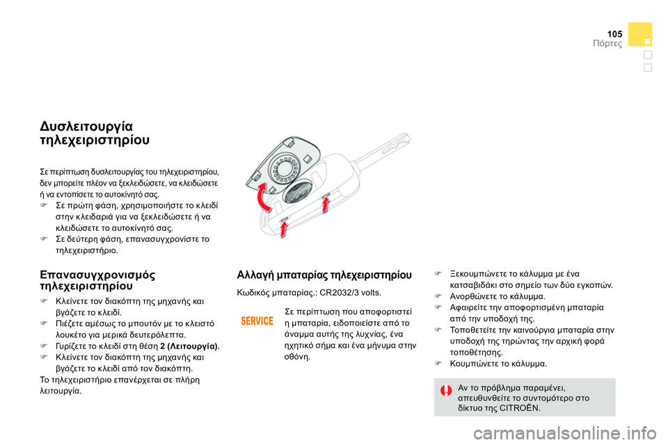 CITROEN DS4 2014  ΟΔΗΓΌΣ ΧΡΉΣΗΣ (in Greek) 105Πόρτες
  Σε περίπτωση δυσλειτουργίας του τηλεχειριστηρίου, 
δεν μπορείτε πλέον να ξεκ λειδώσετε, να κλειδώσ