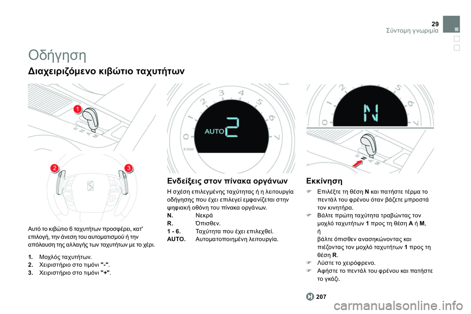 CITROEN DS4 2014 ΟΔΗΓΌΣ ΧΡΉΣΗΣ (in Greek) 29Σύντομη γνωριμία
Οδήγηση
Αυτό το κιβώτιο 6 ταχυτήτων προσφέρει, κατ
επιλογή, την άνεση του αυτοματισμού CITROEN DS4 2014 ΟΔΗΓΌΣ ΧΡΉΣΗΣ (in Greek) 29Σύντομη γνωριμία
Οδήγηση
Αυτό το κιβώτιο 6 ταχυτήτων προσφέρει, κατ
επιλογή, την άνεση του αυτοματισμού