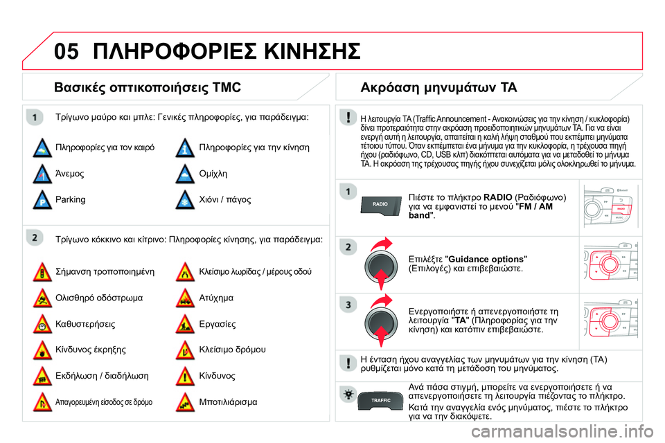CITROEN DS4 2014 ΟΔΗΓΌΣ ΧΡΉΣΗΣ (in Greek) 05 ΠΛΗΡΟΦΟΡΙΕΣ ΚΙΝΗΣΗΣ
Βασικές οπτικοποιήσεις TMC
Τρίγωνο κόκκινο και κίτρινο: Πληροφορίες κίνησης CITROEN DS4 2014 ΟΔΗΓΌΣ ΧΡΉΣΗΣ (in Greek) 05 ΠΛΗΡΟΦΟΡΙΕΣ ΚΙΝΗΣΗΣ
Βασικές οπτικοποιήσεις TMC
Τρίγωνο κόκκινο και κίτρινο: Πληροφορίες κίνησης