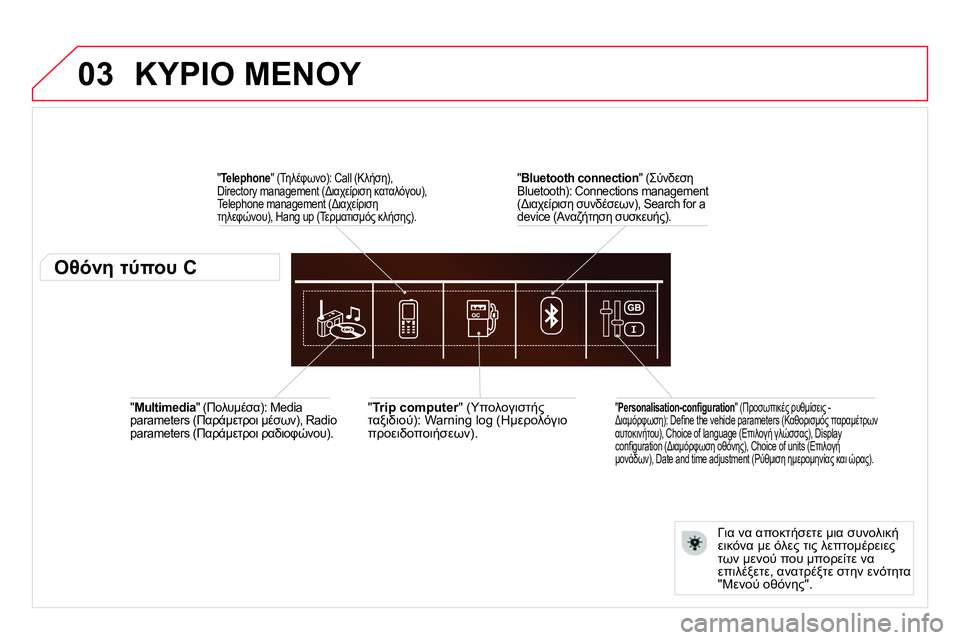CITROEN DS4 2014 ΟΔΗΓΌΣ ΧΡΉΣΗΣ (in Greek) 03
" Multimedia
" (Πολυμέσα): Media
parameters (Παράμετροι μέσων), Radio
parameters (Παράμετροι ραδιοφώνου).
" Trip computer
" (Υπολογισ CITROEN DS4 2014 ΟΔΗΓΌΣ ΧΡΉΣΗΣ (in Greek) 03
" Multimedia
" (Πολυμέσα): Media
parameters (Παράμετροι μέσων), Radio
parameters (Παράμετροι ραδιοφώνου).
" Trip computer
" (Υπολογισ