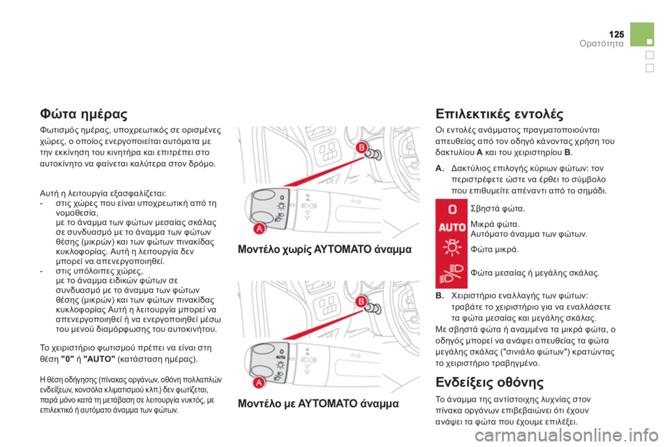 CITROEN DS4 2013  ΟΔΗΓΌΣ ΧΡΉΣΗΣ (in Greek) Ορατότητα
Μοντέλο χωρίς ΑΥΤΟΜΑΤΟ άναμμα 
 
Μοντέλο με ΑΥΤΟΜΑΤΟ άναμμα 
 
 
 
Επιλεκτικές εντολές
 
Οι εντολές αν