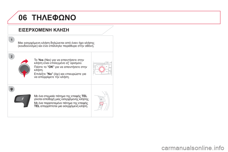 CITROEN DS4 2013  ΟΔΗΓΌΣ ΧΡΉΣΗΣ (in Greek) 1
2
06ΤΗΛΕΦΩΝΟ
   
ΕΙΣΕΡΧΟΜΕΝΗ ΚΛΗΣΗ 
 
 
Μια εισερχόμενη κλήση δηλώνεται από έναν ήχο κλήσης (κουδούνισμα) και ένα
