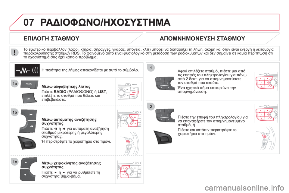 CITROEN DS4 2013  ΟΔΗΓΌΣ ΧΡΉΣΗΣ (in Greek) 07
1a
1b
1c
1
2
Μέσω αλφαβητικής λίστας
Πιέστε RADIO 
 (ΡΑΔΙΟΦΩΝΟ) ή  LIST 
,
επιλέξτε το σταθμό που θέλετε και
επιβεβαιώστ