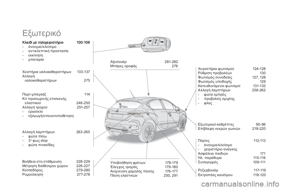 CITROEN DS4 2013  ΟΔΗΓΌΣ ΧΡΉΣΗΣ (in Greek)   Εξωτερικό 
 
-  άνοιγμα/01  
-  αντικλεπτική προστασία 
-  εκκίνηση-  μπαταρία 
 
 
   
Χειριστήρια φωτισμού 124 