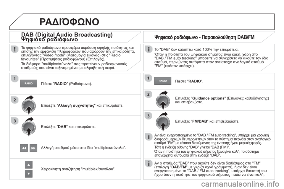 CITROEN DS4 2013  ΟΔΗΓΌΣ ΧΡΉΣΗΣ (in Greek)    
Πιέστε "RADIO" (Ραδιόφωνο).  
 
 
 
 
 
 
DAB (Digital Audio Broadcasting) Ψηφιακό ραδιόφωνο (g(g
 
 
Το ψηφιακό ραδιόφωνο προσφέρει ακ