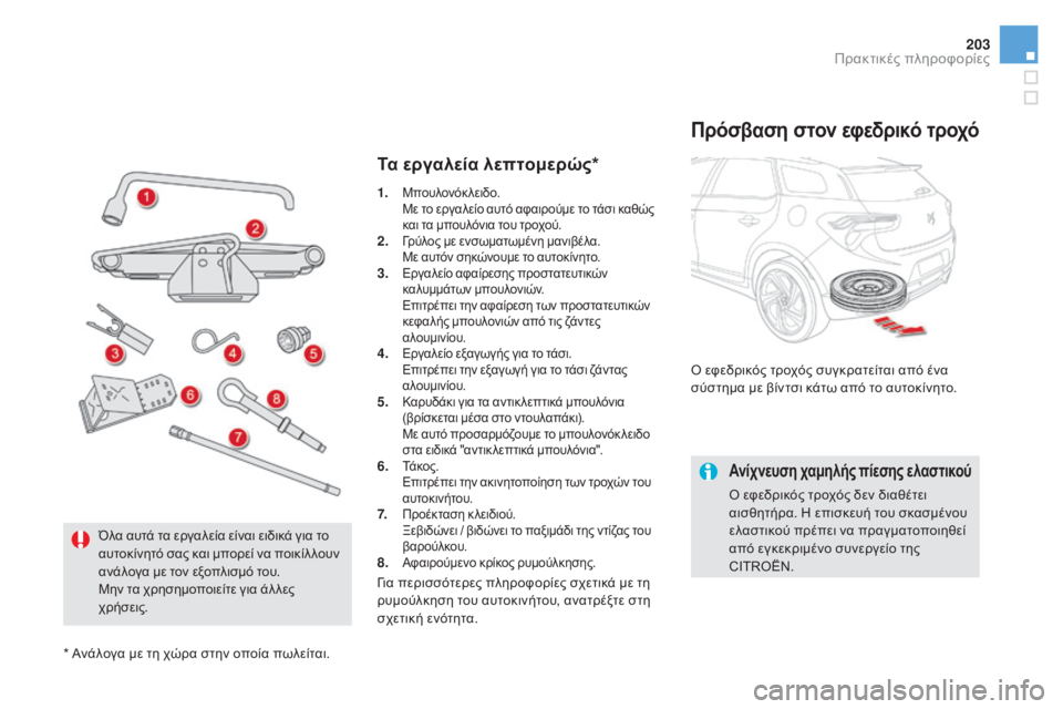 CITROEN DS5 2016 ΟΔΗΓΌΣ ΧΡΉΣΗΣ (in Greek) 203
DS5_el_Chap08_info-pratiques_ed02-2015
Τα εργαλεία λεπτομερώς*
Πρόσβαση στον εφεδρικό τροχό
Ο εφεδρικός τροχός συγκρατείται CITROEN DS5 2016 ΟΔΗΓΌΣ ΧΡΉΣΗΣ (in Greek) 203
DS5_el_Chap08_info-pratiques_ed02-2015
Τα εργαλεία λεπτομερώς*
Πρόσβαση στον εφεδρικό τροχό
Ο εφεδρικός τροχός συγκρατείται