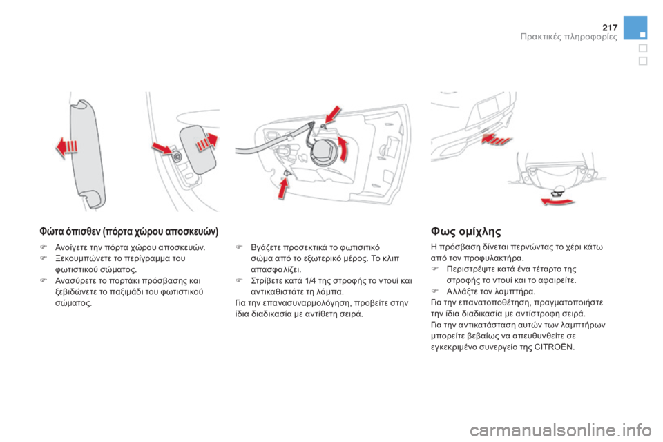CITROEN DS5 2016 ΟΔΗΓΌΣ ΧΡΉΣΗΣ (in Greek) 217
DS5_el_Chap08_info-pratiques_ed02-2015
Φώτα όπισθεν (πόρτα χώρου αποσκευών)
F Βγάζετε προσεκτικά το φωτισιτικό σώμα από το εξ CITROEN DS5 2016 ΟΔΗΓΌΣ ΧΡΉΣΗΣ (in Greek) 217
DS5_el_Chap08_info-pratiques_ed02-2015
Φώτα όπισθεν (πόρτα χώρου αποσκευών)
F Βγάζετε προσεκτικά το φωτισιτικό σώμα από το εξ