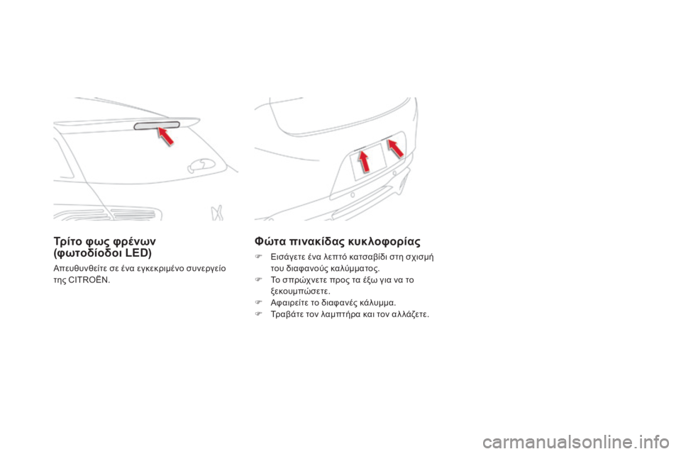 CITROEN DS5 2016 ΟΔΗΓΌΣ ΧΡΉΣΗΣ (in Greek) DS5_el_Chap08_info-pratiques_ed02-2015
Φώτα πινακίδας κυκλοφορίας
F Εισάγετε ένα λεπτό κατσαβίδι στη σχισμή του διαφανούς καλύ CITROEN DS5 2016 ΟΔΗΓΌΣ ΧΡΉΣΗΣ (in Greek) DS5_el_Chap08_info-pratiques_ed02-2015
Φώτα πινακίδας κυκλοφορίας
F Εισάγετε ένα λεπτό κατσαβίδι στη σχισμή του διαφανούς καλύ