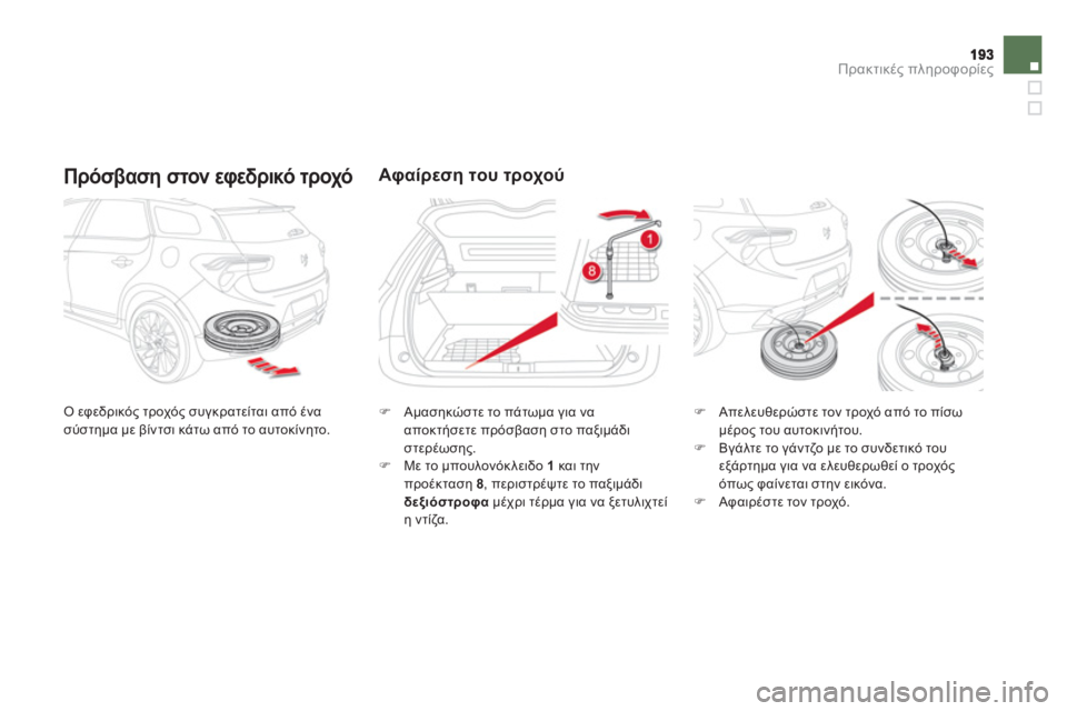 CITROEN DS5 2013  ΟΔΗΓΌΣ ΧΡΉΣΗΣ (in Greek) Πρακτικές πληροφορίες
 
 
Πρόσβαση στον εφεδρικό τροχό 
 Ο εφεδρικός τροχός συγκρατείται από ένα 
σύστημα με β