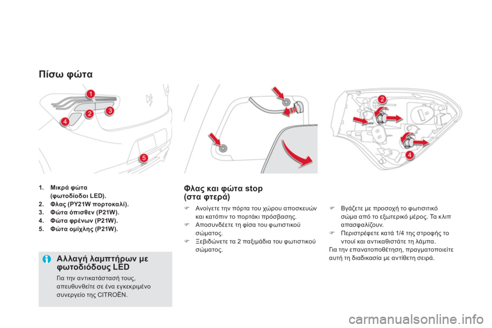 CITROEN DS5 2013  ΟΔΗΓΌΣ ΧΡΉΣΗΣ (in Greek) 1.Μικράφώτα
 (φωτοδίοδοι LED).2.Φλας (PY21W πορτοκαλί).3.-+2. όπισθεν (P21W).4. 
  Φώτα φρένων (P21W).5.Φώτα ομίχλης (P21W).
Πίσω φ