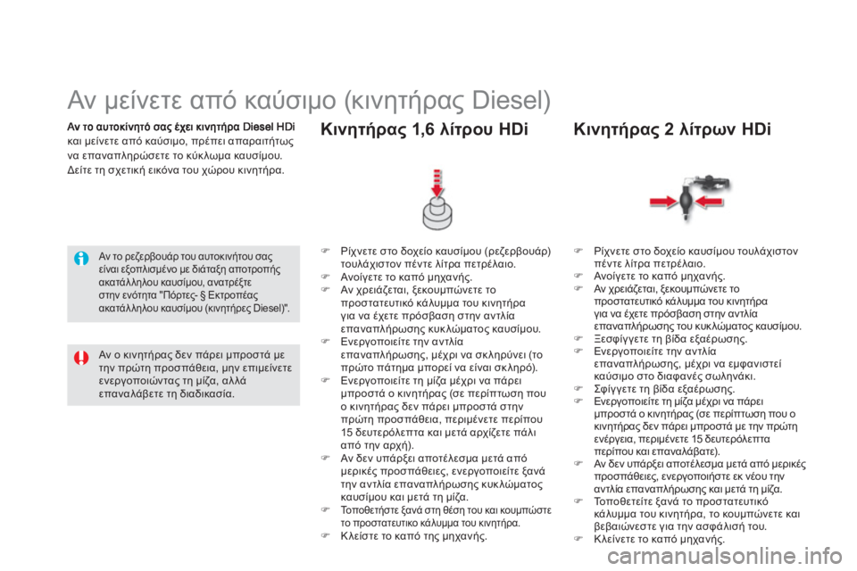 CITROEN DS5 2013  ΟΔΗΓΌΣ ΧΡΉΣΗΣ (in Greek) και μείνετε από καύσιμο, πρέπει απαραιτήτωςνα επαναπληρώσετε το κύκλωμα καυσίμου.
Δείτε τη σχετική εικόνα το