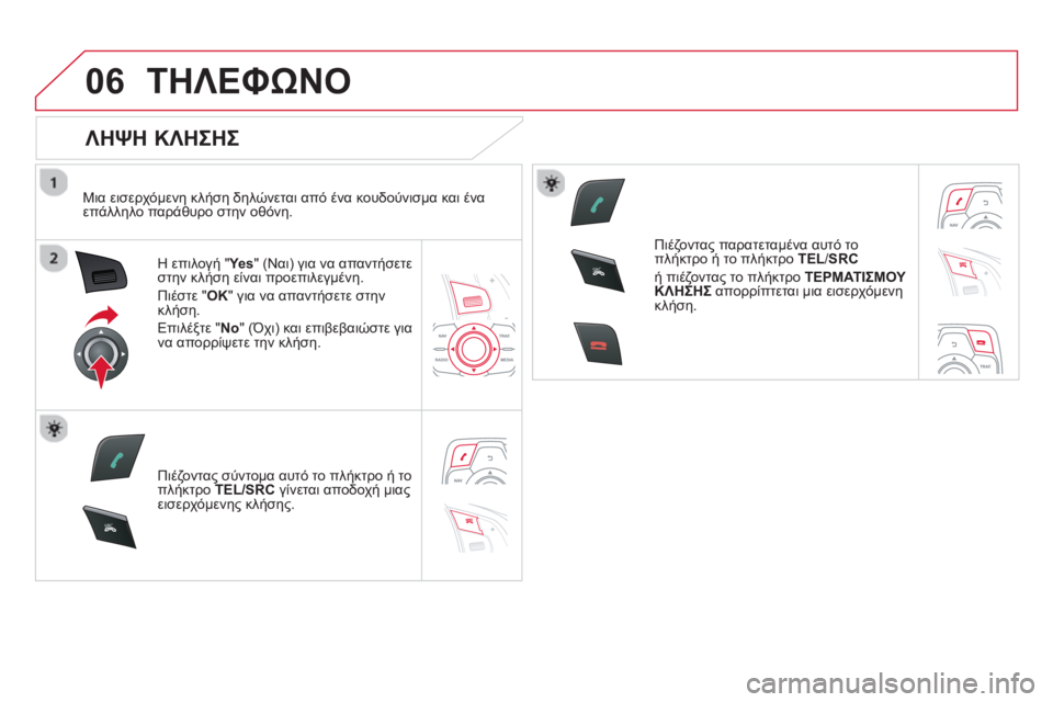 CITROEN DS5 2013 ΟΔΗΓΌΣ ΧΡΉΣΗΣ (in Greek) 06
SR
C
SR
C
ΤΗΛΕΦΩΝΟ
ΛΗΨΗ ΚΛΗΣΗΣ
Μια εισερχόμενη κλήση δηλώνεται από ένα κουδούνισμα και ένα επάλληλο παράθ CITROEN DS5 2013 ΟΔΗΓΌΣ ΧΡΉΣΗΣ (in Greek) 06
SR
C
SR
C
ΤΗΛΕΦΩΝΟ
ΛΗΨΗ ΚΛΗΣΗΣ
Μια εισερχόμενη κλήση δηλώνεται από ένα κουδούνισμα και ένα επάλληλο παράθ
