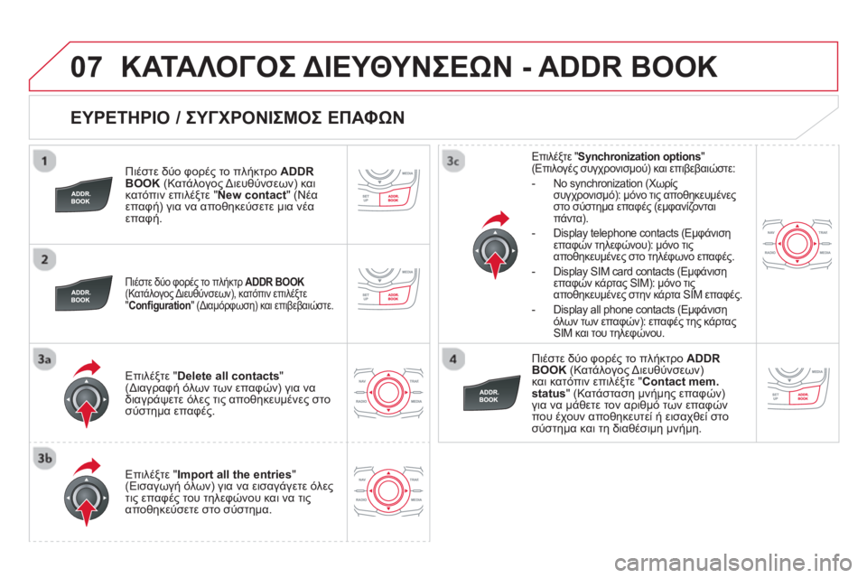 CITROEN DS5 2013 ΟΔΗΓΌΣ ΧΡΉΣΗΣ (in Greek) 07
ΕΥΡΕΤΗΡΙΟ / ΣΥΓΧΡΟΝΙΣΜΟΣ ΕΠΑΦΩΝ
Πιέστε δύο φορές το πλήκτρο ADDR
BOOK (Κατάλογος Διευθύνσεων) και
κατόπιν CITROEN DS5 2013 ΟΔΗΓΌΣ ΧΡΉΣΗΣ (in Greek) 07
ΕΥΡΕΤΗΡΙΟ / ΣΥΓΧΡΟΝΙΣΜΟΣ ΕΠΑΦΩΝ
Πιέστε δύο φορές το πλήκτρο ADDR
BOOK (Κατάλογος Διευθύνσεων) και
κατόπιν