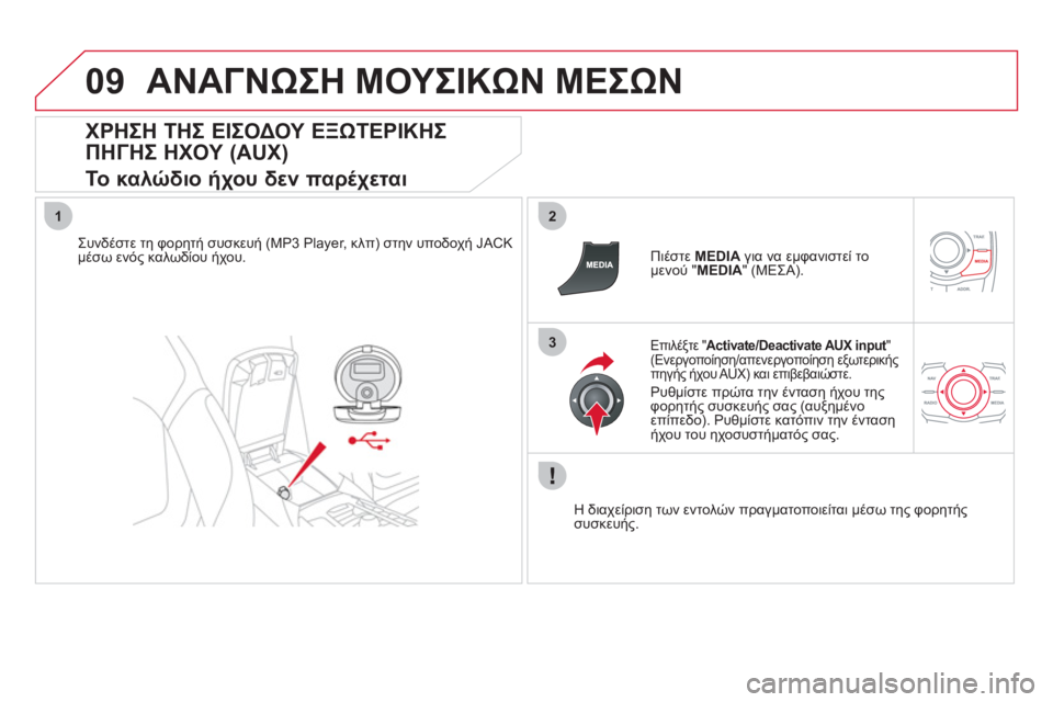 CITROEN DS5 2011  ΟΔΗΓΌΣ ΧΡΉΣΗΣ (in Greek) 09
12
3
ΑΝΑΓΝΩΣΗ ΜΟΥΣΙΚΩΝ ΜΕΣΩΝ
 
 
ΧΡΗΣΗ ΤΗΣ ΕΙΣΟΔΟΥ ΕΞΩΤΕΡΙΚΗΣ 
ΠΗΓΗΣ ΗΧΟΥ (AUX)  
Το καλώδιο ήχου δεν παρέχεται 
Συ
