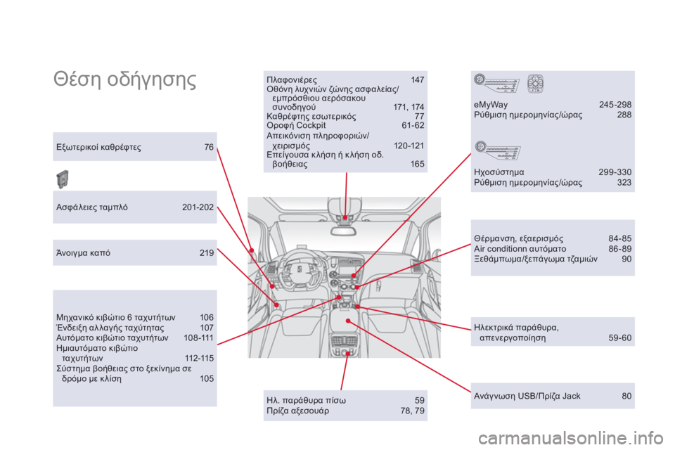CITROEN DS5 2011  ΟΔΗΓΌΣ ΧΡΉΣΗΣ (in Greek)   Θέση οδήγησης 
 Πλαφονιέρες 147 Οθόνη λυχνιών ζώνης ασφαλείας/0Œ!)1 # αερόσακουσυνοδηγού 171, 174 Καθρέφτης 