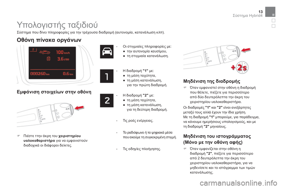 CITROEN DS5 HYBRID 2016 ΟΔΗΓΌΣ ΧΡΉΣΗΣ (in Greek) 13Σύστημα Hybrid4
Υπολογιστής ταξιδιού
Σύστημα που δίνει πληροφορίες για την τρέχουσα διαδρομή (αυτονομία, κ CITROEN DS5 HYBRID 2016 ΟΔΗΓΌΣ ΧΡΉΣΗΣ (in Greek) 13Σύστημα Hybrid4
Υπολογιστής ταξιδιού
Σύστημα που δίνει πληροφορίες για την τρέχουσα διαδρομή (αυτονομία, κ