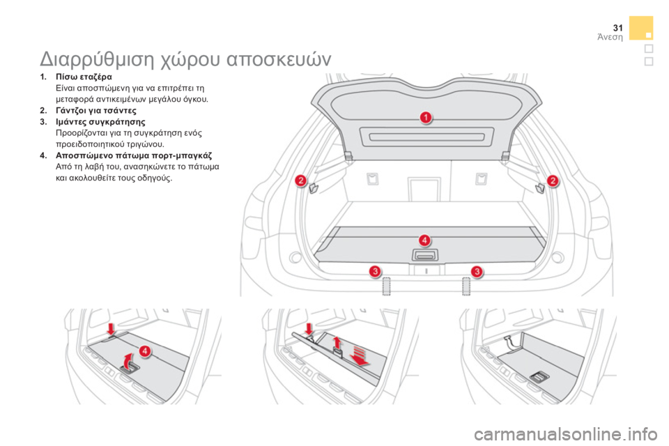 CITROEN DS5 HYBRID 2016 ΟΔΗΓΌΣ ΧΡΉΣΗΣ (in Greek) 31Άνεση
Διαρρύθμιση χώρου αποσκευών
1.
Πίσω εταζέρα
Είναι αποσπώμενη για ν CITROEN DS5 HYBRID 2016 ΟΔΗΓΌΣ ΧΡΉΣΗΣ (in Greek) 31Άνεση
Διαρρύθμιση χώρου αποσκευών
1.
Πίσω εταζέρα
Είναι αποσπώμενη για ν