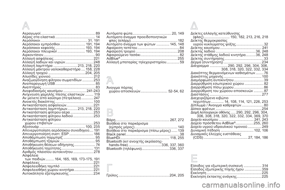 CITROEN DS5 HYBRID 2015 ΟΔΗΓΌΣ ΧΡΉΣΗΣ (in Greek) DS5_el_Chap12_index-recherche_ed01-2015
Αεραγωγοί .......................................................89
Αέρας στα ελαστικά ........................................ 14
Α CITROEN DS5 HYBRID 2015 ΟΔΗΓΌΣ ΧΡΉΣΗΣ (in Greek) DS5_el_Chap12_index-recherche_ed01-2015
Αεραγωγοί .......................................................89
Αέρας στα ελαστικά ........................................ 14
Α