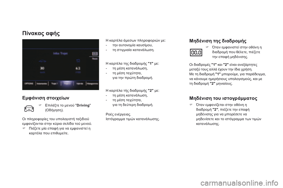 CITROEN DS5 HYBRID 2015 ΟΔΗΓΌΣ ΧΡΉΣΗΣ (in Greek) DS5Hy4_el_Chap00c_hybride_ed01-2015
Πίνακας αφής
Εμφάνιση στοιχείων
Η καρτέλα άμεσων πληροφοριών με: - την αυτονομία κα CITROEN DS5 HYBRID 2015 ΟΔΗΓΌΣ ΧΡΉΣΗΣ (in Greek) DS5Hy4_el_Chap00c_hybride_ed01-2015
Πίνακας αφής
Εμφάνιση στοιχείων
Η καρτέλα άμεσων πληροφοριών με: - την αυτονομία κα
