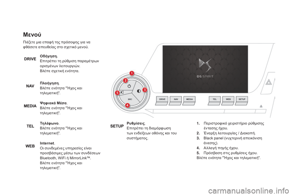 CITROEN DS5 HYBRID 2015 ΟΔΗΓΌΣ ΧΡΉΣΗΣ (in Greek) DS5_el_Chap01_controle-de-marche_ed01-2015
Μενού
Πιέζετε μια επαφή της πρόσοψης για να
φθάσετε απευθείας στο σχετικό μενού.Οδήγ CITROEN DS5 HYBRID 2015 ΟΔΗΓΌΣ ΧΡΉΣΗΣ (in Greek) DS5_el_Chap01_controle-de-marche_ed01-2015
Μενού
Πιέζετε μια επαφή της πρόσοψης για να
φθάσετε απευθείας στο σχετικό μενού.Οδήγ