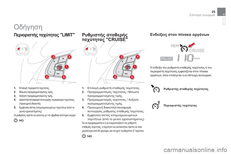 CITROEN DS5 HYBRID 2013  ΟΔΗΓΌΣ ΧΡΉΣΗΣ (in Greek) 25
Σύντομη γνωριμία
 
Οδήγηση 
 
 
Περιοριστής ταχύτητας "LIMIT" 
1. Επιλογή περιοριστή ταχύτητας.2.Μείωση προγραμμα