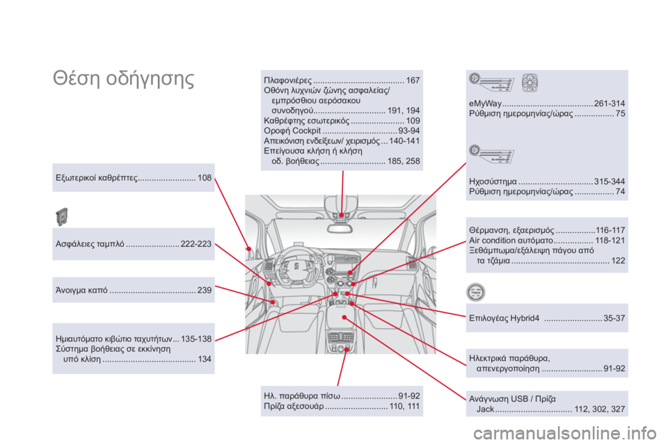 CITROEN DS5 HYBRID 2013  ΟΔΗΓΌΣ ΧΡΉΣΗΣ (in Greek)   Θέση οδήγησης 
  
 
Πλαφονιέρες ....................................... 167 
  Οθόνη λυχνιών ζώνης ασφαλείας/
εμπρόσθιου αερόσακου