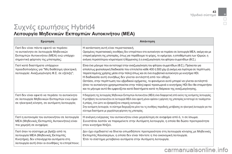 CITROEN DS5 HYBRID 2013  ΟΔΗΓΌΣ ΧΡΉΣΗΣ (in Greek) 43Υβριδικό σύστημα
 
Συχνές ερωτήσεις Hybrid4 
 
 
Λειτουργία Μηδενικών Εκπομπών Αυτοκινήτου (ΜΕΑ) 
 
ΕρώτησηΑπά ν τ�