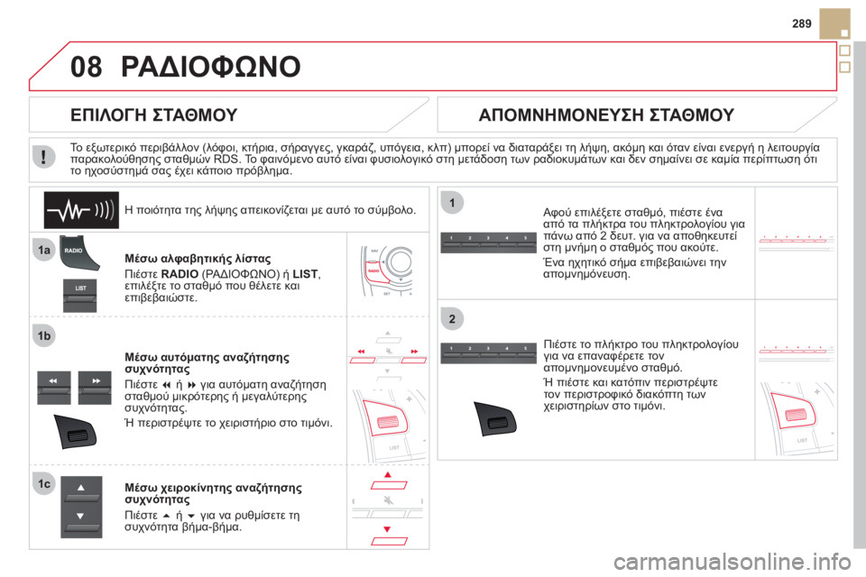 CITROEN DS5 HYBRID 2012 ΟΔΗΓΌΣ ΧΡΉΣΗΣ (in Greek) 08
1a
1b
1c
1
2
289
ΡΑΔΙΟΦΩΝΟ
Μέσω αλφαβητικής λίστας
Πιέστε RADIO
(ΡΑΔΙΟΦΩΝΟ) ή LIST
,
επιλέξτε το σταθμό που θέλετε και CITROEN DS5 HYBRID 2012 ΟΔΗΓΌΣ ΧΡΉΣΗΣ (in Greek) 08
1a
1b
1c
1
2
289
ΡΑΔΙΟΦΩΝΟ
Μέσω αλφαβητικής λίστας
Πιέστε RADIO
(ΡΑΔΙΟΦΩΝΟ) ή LIST
,
επιλέξτε το σταθμό που θέλετε και