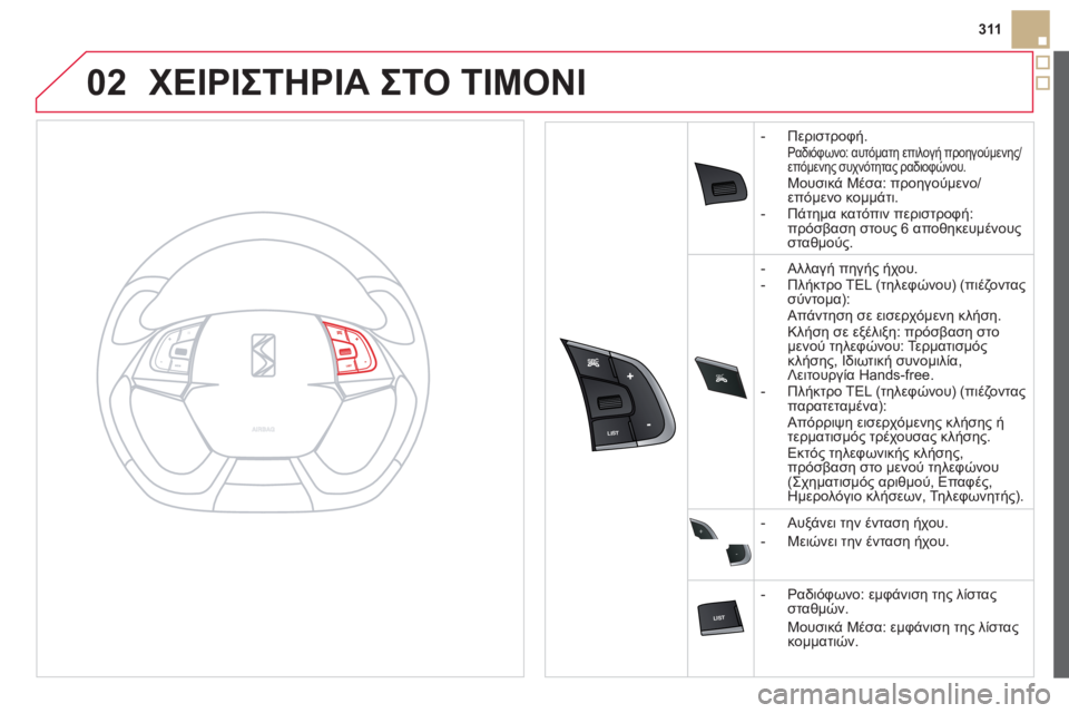 CITROEN DS5 HYBRID 2012  ΟΔΗΓΌΣ ΧΡΉΣΗΣ (in Greek) 02
SRC



+
-
311
ΧΕΙΡΙΣΤΗΡΙΑ ΣΤΟ ΤΙΜΟΝΙ
-  Περιστροφή.Ραδιόφωνο: αυτόματη επιλογή προηγούμενης