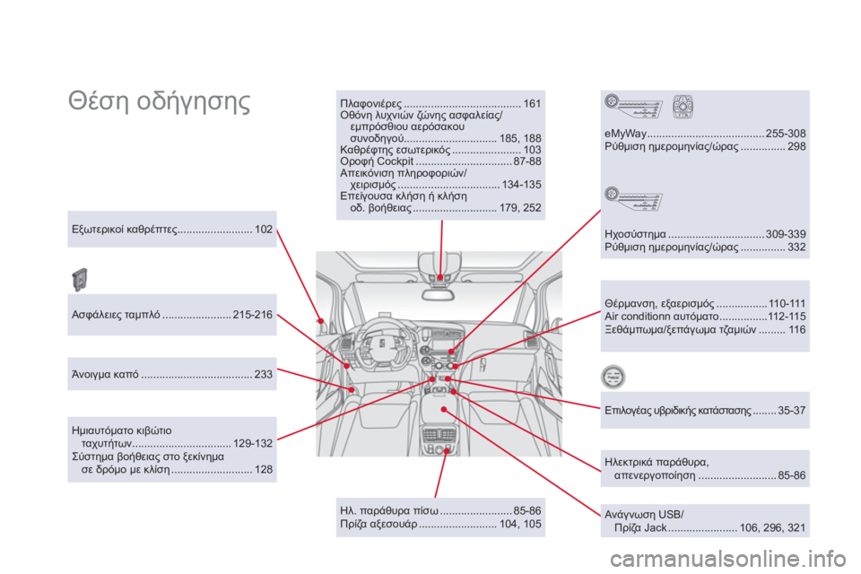 CITROEN DS5 HYBRID 2012  ΟΔΗΓΌΣ ΧΡΉΣΗΣ (in Greek)   Θέση οδήγησης 
  
 
Πλαφονιέρες ....................................... 161 
  Οθόνη λυχνιών ζώνης ασφαλείας/
εμπρόσθιου αερόσακου
