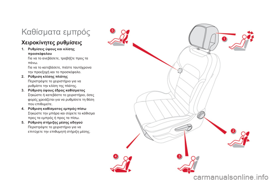 CITROEN DS5 HYBRID 2012 ΟΔΗΓΌΣ ΧΡΉΣΗΣ (in Greek)
Kαθίσματα εμπρός
Χειροκίνητες ρυθμίσεις
1.Ρυθμίσεις ύψους και κλίσηςπροσκέφαλου Γι α να το CITROEN DS5 HYBRID 2012 ΟΔΗΓΌΣ ΧΡΉΣΗΣ (in Greek)
Kαθίσματα εμπρός
Χειροκίνητες ρυθμίσεις
1.Ρυθμίσεις ύψους και κλίσηςπροσκέφαλου Γι α να το