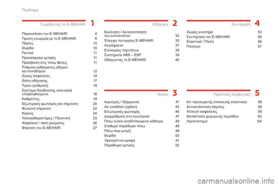 CITROEN E-MEHARI 2016  ΟΔΗΓΌΣ ΧΡΉΣΗΣ (in Greek) e-mehari_el_Chap00a_sommaire_ed02-2016
Παρουσίαση του E-MEHARI 4
Πρ ώτη γ νωριμία με το E-MEHARI
 8
Πό

ρτες
 10
Θυ

ρίδα
 10
Π ε

ν τ ά λ
 11
Πρ

ο�