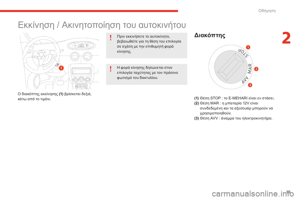 CITROEN E-MEHARI 2016 ΟΔΗΓΌΣ ΧΡΉΣΗΣ (in Greek) 33
e-mehari_el_Chap02_conduite_ed02-2016
Εκκίνηση / Ακινητοποίηση του αυτοκινήτου
Πριν εκκινήσετε το αυτοκίνητο,
βεβαιωθείτε γ CITROEN E-MEHARI 2016 ΟΔΗΓΌΣ ΧΡΉΣΗΣ (in Greek) 33
e-mehari_el_Chap02_conduite_ed02-2016
Εκκίνηση / Ακινητοποίηση του αυτοκινήτου
Πριν εκκινήσετε το αυτοκίνητο,
βεβαιωθείτε γ