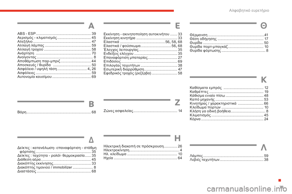 CITROEN E-MEHARI 2016 ΟΔΗΓΌΣ ΧΡΉΣΗΣ (in Greek) 71
e-mehari_el_Chap07_inde-alpha_ed02-2016
ABS - ESP ......................................................39
Α ερισμός - κ λιματισμός ................................. 45
Αλ
εξ CITROEN E-MEHARI 2016 ΟΔΗΓΌΣ ΧΡΉΣΗΣ (in Greek) 71
e-mehari_el_Chap07_inde-alpha_ed02-2016
ABS - ESP ......................................................39
Α ερισμός - κ λιματισμός ................................. 45
Αλ
εξ