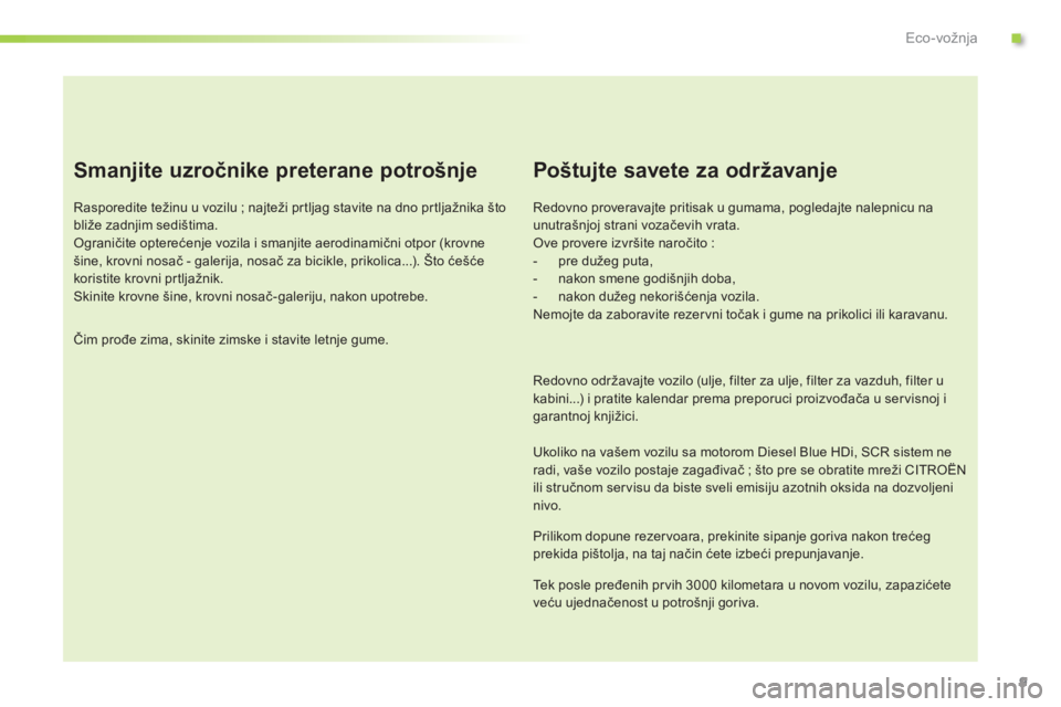 CITROEN C3 2015 Priručnik (in Serbian) 9
C3_sr_Chap00c_eco-conduite_ed01-2014
Smanjite uzročnike preterane potrošnje
rasporedite težinu u vozilu ; najteži prtljag stavite na dno prtljažnika što
bliže zadnjim sedištima.
og
ranič CITROEN C3 2015 Priručnik (in Serbian) 9
C3_sr_Chap00c_eco-conduite_ed01-2014
Smanjite uzročnike preterane potrošnje
rasporedite težinu u vozilu ; najteži prtljag stavite na dno prtljažnika što
bliže zadnjim sedištima.
og
ranič